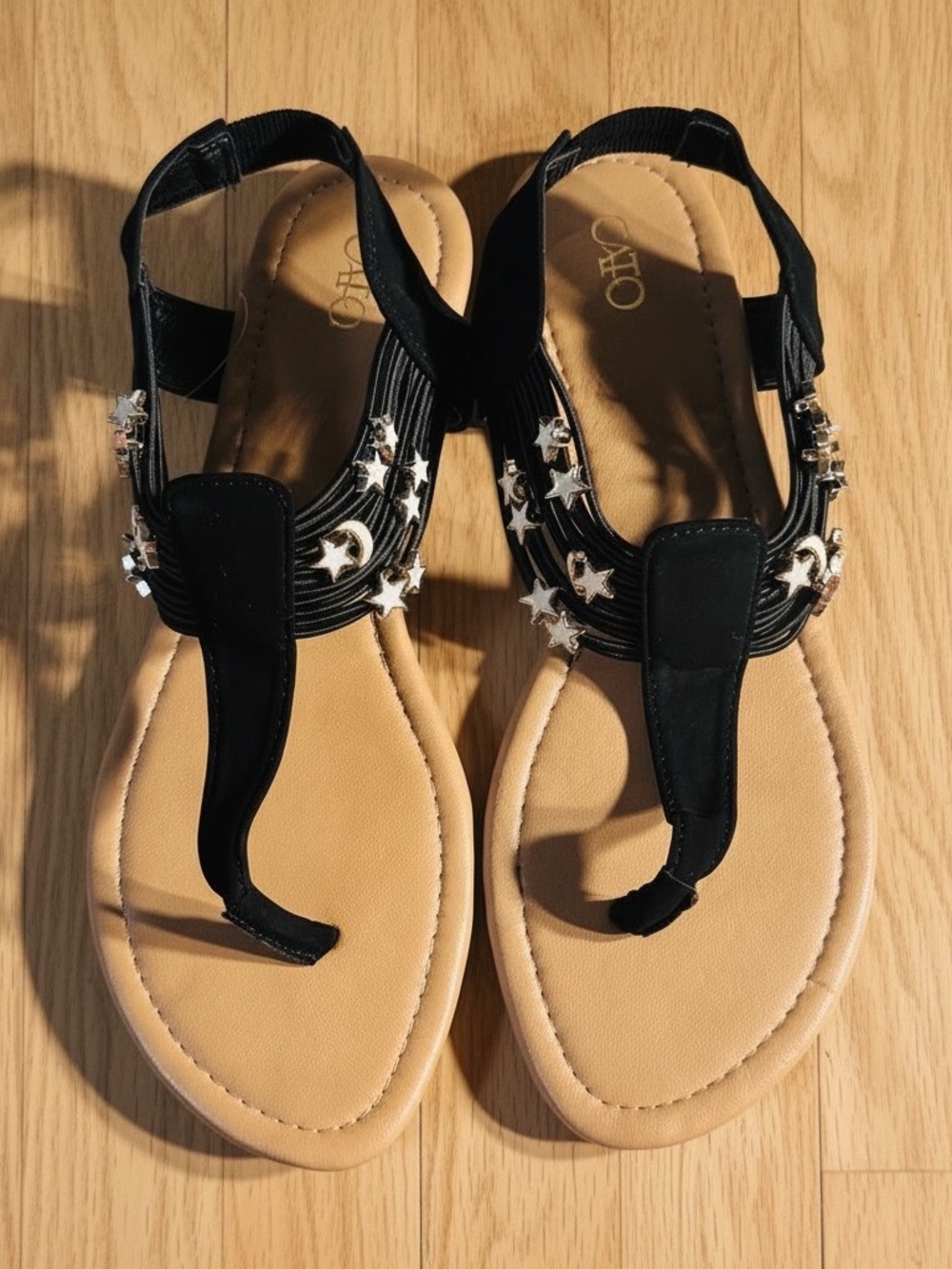 HQ Black T-strap Sandals with Star & Moon Embellishments